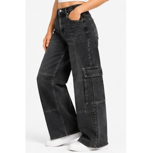 Jean taille haute pour femme à jambe large avec détail de couture incurvée au genou - Tissu denim indigo foncé délavé - Product Image 2