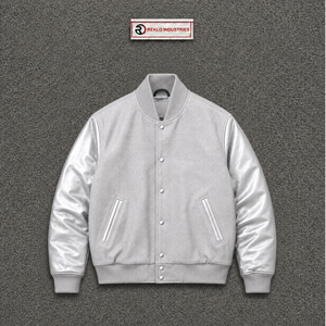 PREMIUM <b>SILVER</b> BOMBER VARSITY <b>JACKET</b> MOCKUP FRONT VIEW HIGH QUALITY With Satin Sleeves Regular Fit Turn-down Collar Casual Autum - Product Image 5