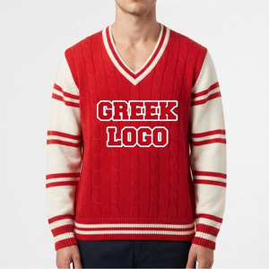 เสื้อสเวตเตอร์คอวีถักลายเคเบิ้ลสีแดงขาวแบบกำหนดเอง ปักอักษรกรีก สไตล์วิทยาลัย/ชมรมนักศึกษา ผลิตตามสั่ง ขายส่ง คุณภาพพรีเมียม - Product Image 3