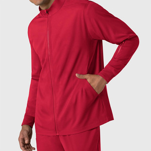 Men's <b>Red</b> Medical Scrub Jacket Full Zip Long Sleeve Polyester Uniform Outerwear Hospital Workwear Apparel - Product Image 3