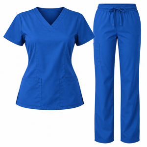Denim Blue <b>Womens</b> Medical Scrub Set V Neck <b>Short</b> Sleeve Pocket Top Drawstring Straight Leg <b>Trousers</b> Nursing Uniform Clinic Wear - Product Image 2