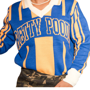 Sigma Gamma Rho Polo Sweater Women Blue Gold Knit Greek Letter Striped <b>Pullover</b> Premium Casual Stylish Top - Product Image 2