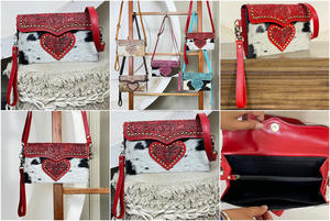 กระเป๋าหนังวัวแท้สลักลายสไตล์ตะวันตกสำหรับผู้หญิง ขายส่ง กระเป๋าสะพายไหล่แบบครอสบอดี้ ดีไซน์ลายหัวใจ กระเป๋าใบเล็กสำหรับสุภาพสตรี - Product Image 3