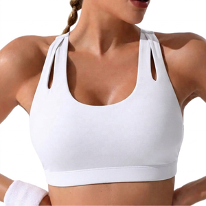 Sujetador deportivo amarillo para mujer con espalda cruzada, diseño con aberturas en el cuello, soporte medio, transpirable, para yoga, color liso - Product Image 5