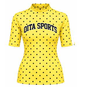 Yellow Polka Dot Women <b>Mock</b> <b>Neck</b> Short Sleeve T Shirt Slim Fit Printed Casual Stretch <b>Top</b> Fashion Summer Wear Wholesale Custom - Product Image 1
