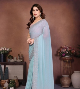 Sari de Rayón Georgette con Adornos al Estilo Bollywood KV para Fiesta, Sin Arrugas y Reversible, para Otoño - Product Image 3