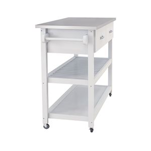 Carrello da Cucina con Piano in Acciaio Inossidabile Bianco e Due Cassetti, Prodotto per Isole e Carrelli da Cucina - Product Image 4