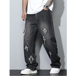 Jean en denim noir délavé coupe ample pour homme, jambe large, style décontracté urbain streetwear - Product Image 2
