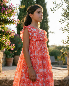 Vestido de Verano para Niñas, Diseño Premium con Estampado de Flores Rosa Coral, Mangas con Volantes de Algodón, Cómodo - Product Image 1