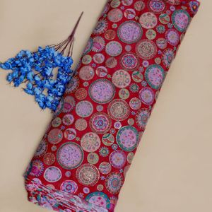Tissu en Crêpe Brodé Mandala Circulaire Rouge Cramoisi Vibrant avec Détails Pailletés Scintillants, Doux, Respirant, Poids Moyen, Sur Mesure - Product Image 1