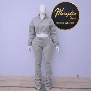 ชุดเซ็ทสองชิ้นแบบเต็มตัว ชุดกีฬาผู้หญิงแบบสองชิ้น ชุดลำลอง เสื้อครอปแขนยาวแบบมีซิป และกางเกงเลกกิ้งเอวสูง - Product Image 3