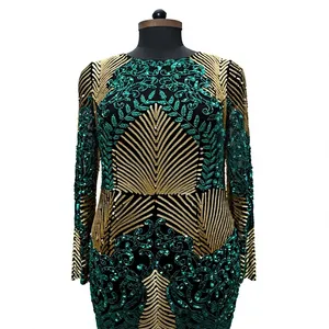 Women's Luxury <b>Emerald</b> Green Sequin Mermaid Gown, Long Sleeve Geometric Pattern Formal Evening <b>Dress</b> - Product Image 4