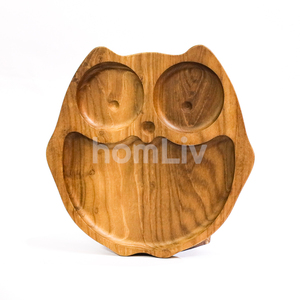 Assiette d'apprentissage pour enfants en forme de hibou, plateau d'alimentation pour tout-petits, plat à dîner multi-compartiments pour usage domestique, en bois de teck naturel durable - Product Image 3