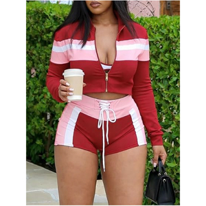 Custom <b>Women</b> 3 Piece Activewear Set Color Block Zip Up Tracksuit <b>Long</b> Sleeve Crop Jacket Sports Bra Lace Up <b>Shorts</b> Gym Workout - Product Image 3
