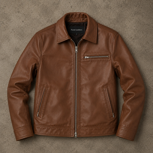 Chaqueta de Cuero Marrón para Hombre, Estilo Motero, Cuero Genuino Negro, Impermeable, Vintage, Cuello Alto, Cierre de Cremallera - Product Image 1