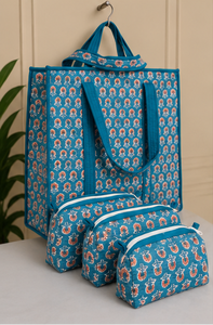 Ensemble de sacs fourre-tout en coton imprimé, fabriqués à la main en Inde, organisateur de voyage en textile, sac de courses réutilisable avec pochettes zippées assorties, pour le transport quotidien - Product Image 2
