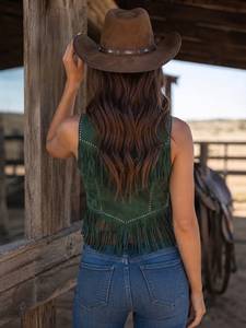 Women Suede Fringe <b>Vest</b> - Western <b>Long</b> Boho Cowgirl <b>Vest</b>, Sexy Cowgirl , Lederweste Damen , Biker <b>Vest</b> - Product Image 4