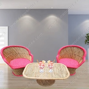 Ensemble de chaises de jardin en bambou pour salon, coussins roses, 2 chaises, 1 table, design moderne, meubles d'extérieur écologiques, confortables - Product Image 5