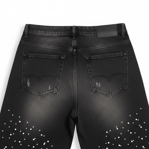 Men's Summer Casual Denim Shorts Solid Color Washed Rhinestone <b>Embellishment</b> Custom Logo Loose Fit Elastic Waist Latest Design - Product Image 5
