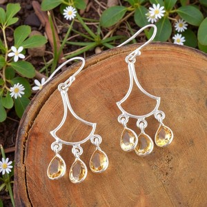 Pendientes de aro finos de plata de ley 925 con triple gema de citrino amarillo en forma de pera para mujer, regalo de boda. - Product Image 4