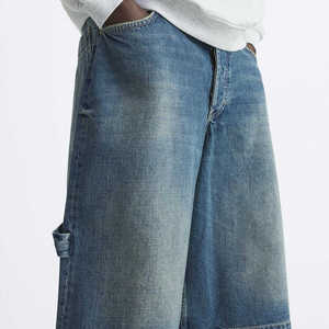 Summer Streetwear Straight Custom Jorts Baggy Distressed Dark Washed Cotton Denim Shorts Men - Product Image 6