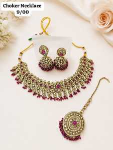 Parure de bijoux ethniques plaqués or avec zircon et jadau, collier et boucles d'oreilles en laiton, bijoux de mariée avec choker et dupatta pour femme, idéale pour les mariages et les fêtes - Product Image 1