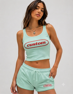 Conjunto de Dos Piezas Personalizado para Mujer, Camiseta sin Mangas a Rayas y Pantalones Cortos, Verde Menta, Deportivo, Playero, Veraniego, Transpirable, Tejido de Poliéster/Algodón - Product Image 1