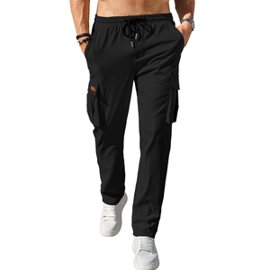 Pantalones Deportivos Cargo Negros para Hombre, Cintura Elástica con Cordón, Múltiples Bolsillos, Casuales, Ligeros, Transpirables, para Primavera - Product Image 1