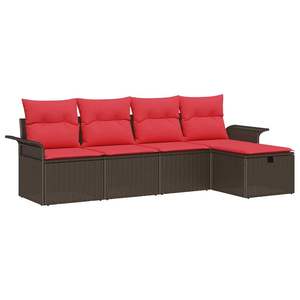 Ensemble de canapés de jardin en polyrotin marron et rouge, 5 pièces, avec coussins - Product Image 2