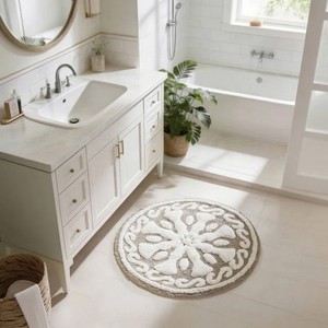 Tapis de bain rond en coton à motif médaillon, avec dos antidérapant en caoutchouc, style bohème, épais et touffeté, blanc et gris, pour la maison et la salle de bain - Product Image 2