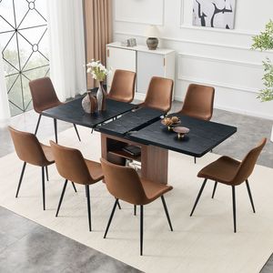 59-71 Inch Expandable Dining <b>Table</b> with Comfortable <b>Brown</b> Fabric Chairs 8-Piece Set Paired with Dining Room Technology - Product Image 2