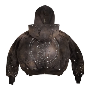 OEM Streetwear Custom Rhinestone Embroidery Vintage Cropped Acid Wash Double Zip Distressed Rhinestone Shorts and Hoodie <b>Set</b> Men - Product Image 3