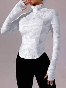 Black White Piping Breathable Women Yoga Jacket Slim Fit Long Sleeve <b>Mock</b> <b>Neck</b> Full Zip Front Logo Athletic Workout Gym Wear <b>Top</b> - Product Image 3