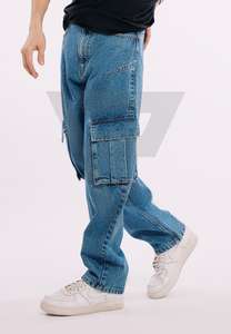 Pantalon cargo baggy en jean bleu foncé pour homme, coupe droite, avec empiècements, délavé, poches aux genoux, écologique, respirant, avec logo - Product Image 2