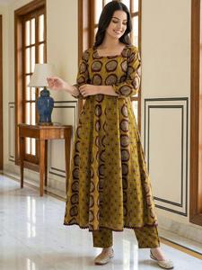 <b>Women</b> Traditional Digital Print Cotton <b>Kurta</b> Trousers Knee-Length Regular Fit Casual Ethnic Wear India Pakistan Style Quick Dry - Product Image 4