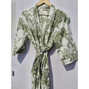 Robe Kimono Légère en Coton Imprimé Toile Vert pour Femme, Peignoir Bohème, Robe de Plage d'Été, Tenue d'Intérieur - Product Image 1