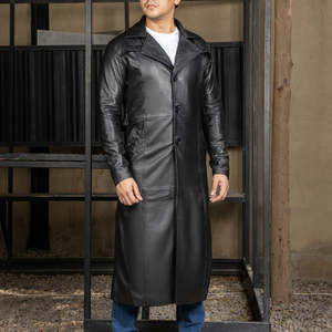 ODM Custom <b>Men</b> Genuine Leather Long <b>Trench</b> <b>Coat</b> High Quality Winter Fashion Quick Dry Horn Button Unique Color Supplier - Product Image 4