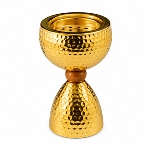 Brûleur d'encens arabe de luxe en laiton martelé, Mubkhar en métal doré à fossettes en forme de sablier avec accent en bois de noyer pour la décoration intérieure - Product Image 1