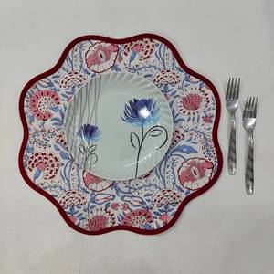 <b>Round</b> scalloped botanical Placemat Block Print fabric <b>table</b> <b>mat</b> easy care machine washable rustic kitchen decor dining <b>mat</b> set - Product Image 3