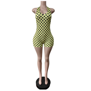 Women Dot Halter Neck <b>Jumpsuit</b> High Waist Skinny Fit Above Knee Sexy Club <b>Bodycon</b> Short Spandex Polyester - Product Image 5