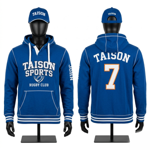 Sweat à capuche de rugby en molleton de coton et polyester 320 GSM de qualité supérieure, rouge avec empiècements contrastants et rayures, logo personnalisé imprimé à l'écran, modèle pull-over - Product Image 4