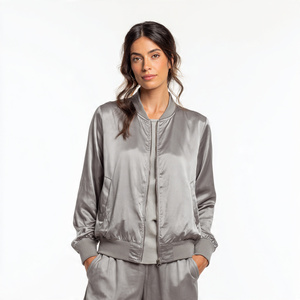 Crew Neck Satin Jackets Women Crew Neck Zipper Silk Satin Jacket Women's Wholesale Slim Fit Satin <b>Coat</b> Jacket Tops Ladies - Product Image 2