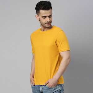 เสื้อยืดคอกลมแขนสั้นทรงปกติสีเหลืองมัสตาร์ดสำหรับผู้ชาย ผ้าถักสีพื้น สไตล์ลำลอง - Product Image 2