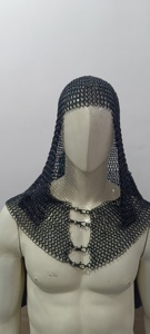Coif de chevalier médiéval fait main en maille de fer à anneaux boutés en acier doux, à ouverture frontale, pour protection tête et cou, pour reconstitution historique - Product Image 5