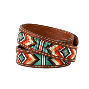 Wholesale Western Leather <b>Belt</b> for Men Women Hand Tooled Basketweave Cowboy <b>Belt</b> with Multicolor Beads Engraved <b>Silver</b> <b>Buckle</b> - Product Image 2