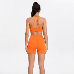 Women's Casual Activewear Set Halter Neck <b>Crop</b> <b>Top</b> High Waist Shorts For Workout Gym And Fitness - Product Image 3