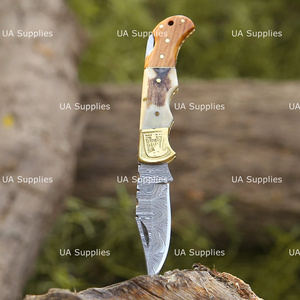 UA Supplies Hand Engraved Eagle Brass Accent Damascus Steel Back <b>Lock</b> Folding Pocket Knife Luxury Handmade EDC Hunting - Product Image 2