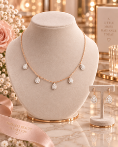 ชุดสร้อยคอเพชรแท้ทองคำโรสโกลด์ 14k สำหรับผู้หญิง เครื่องประดับงานแต่งงานสุดโรแมนติก ต่างหูแบบห้อยเข้าชุดพร้อมจี้และสร้อย - Product Image 1