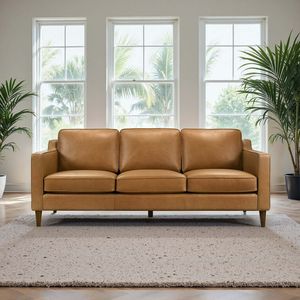 Divano Cooper Mid in Pelle Marrone Chiaro Stile Mid-Century Modern per Soggiorno - Product Image 1