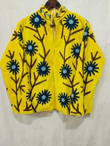 <b>Yellow</b> Hand Embroidered Floral Jacket Stand Collar Woven Fabric Spring Women's <b>Coat</b> - Product Image 1